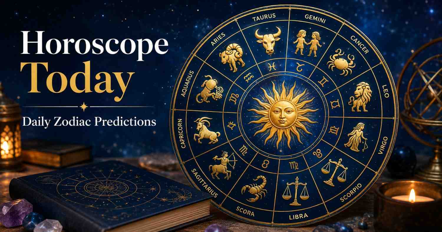 Astrological zodiac wheel featuring all 12 zodiac signs against a cosmic night sky background representing daily horoscope predictions.