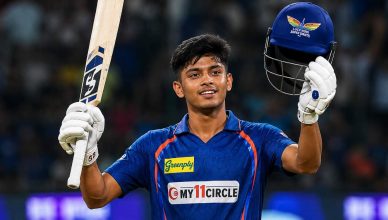 Young IPL cricketer celebrating after creating multiple records during a historic match performance