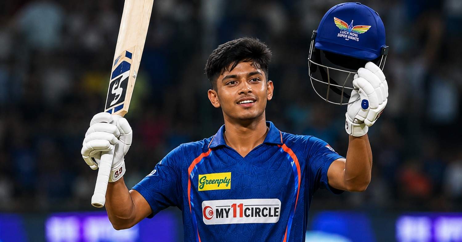 Young IPL cricketer celebrating after creating multiple records during a historic match performance