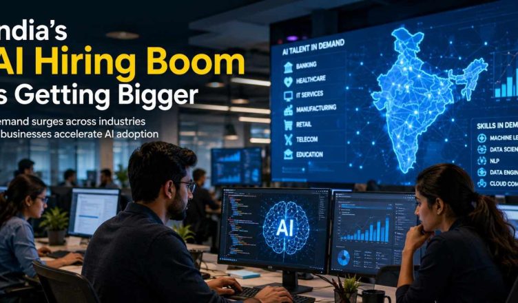 Indian professionals working with artificial intelligence technologies as AI hiring demand rises across multiple industries in India during 2026.
