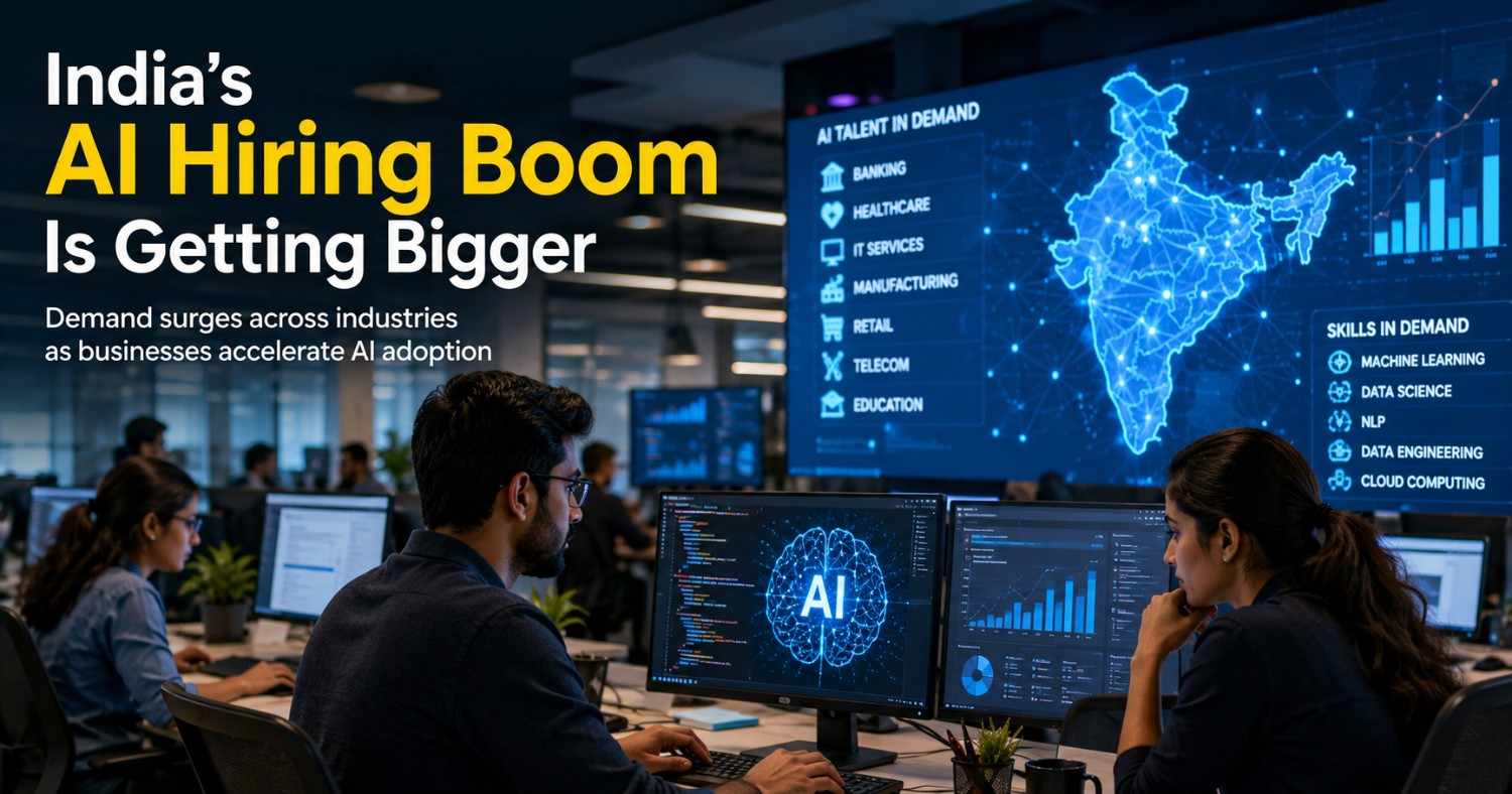 Indian professionals working with artificial intelligence technologies as AI hiring demand rises across multiple industries in India during 2026.
