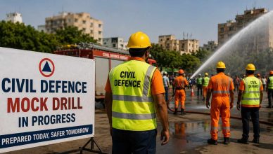 Civil defence personnel and emergency response teams participating in a mock drill exercise in India to test disaster preparedness and public safety response mechanisms.