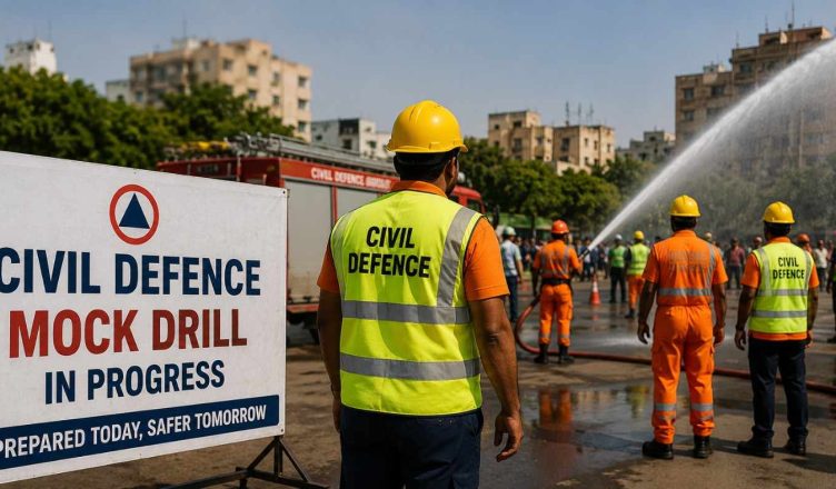 Civil defence personnel and emergency response teams participating in a mock drill exercise in India to test disaster preparedness and public safety response mechanisms.