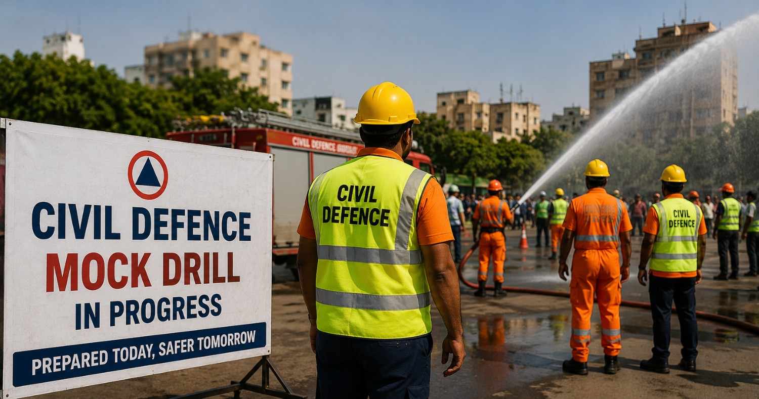 Civil defence personnel and emergency response teams participating in a mock drill exercise in India to test disaster preparedness and public safety response mechanisms.