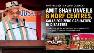 “Amit Shah addressing NDRF personnel during the President’s Colour ceremony in Ghaziabad after unveiling six new disaster response centres.”