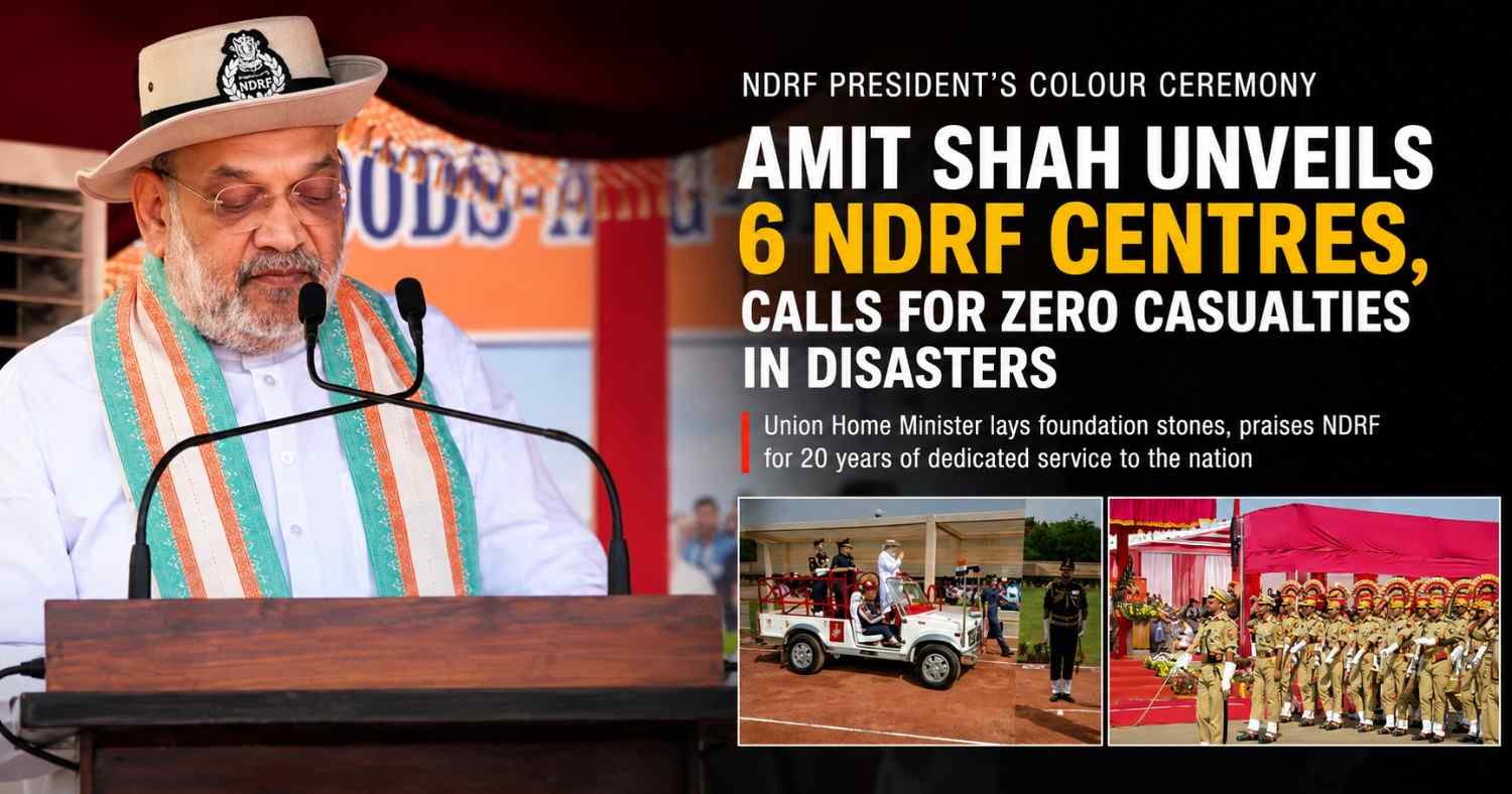 “Amit Shah addressing NDRF personnel during the President’s Colour ceremony in Ghaziabad after unveiling six new disaster response centres.”
