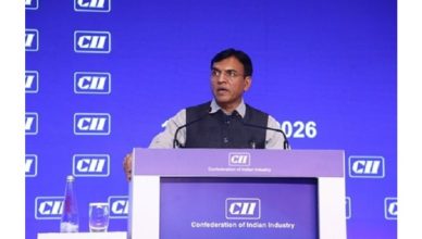 Union Labour Minister Mansukh Mandaviya speaking at the CII Annual Business Summit 2026 on labour reforms in New Delhi