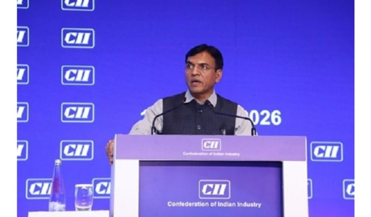 Union Labour Minister Mansukh Mandaviya speaking at the CII Annual Business Summit 2026 on labour reforms in New Delhi