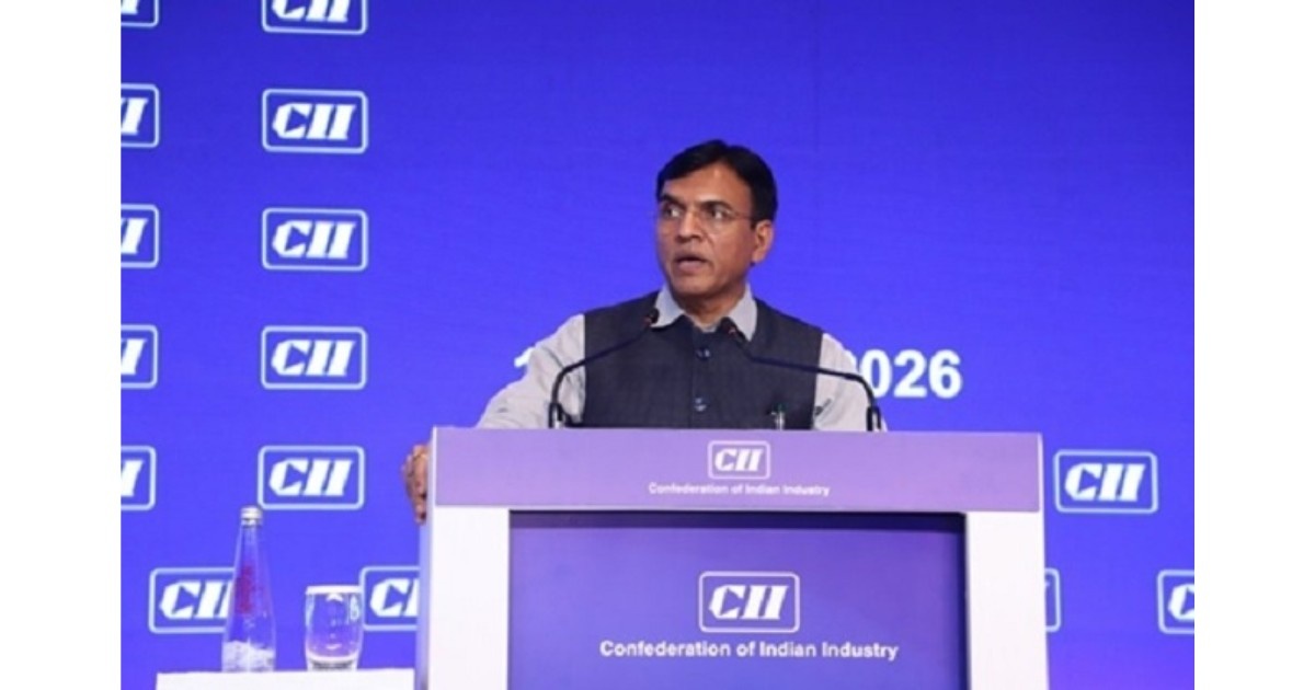 Union Labour Minister Mansukh Mandaviya speaking at the CII Annual Business Summit 2026 on labour reforms in New Delhi