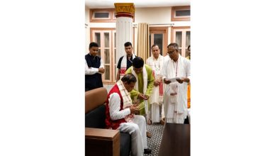 Assam Chief Minister Himanta Biswa Sarma addressing devotees during his visit to Batadrava Than in Nagaon district