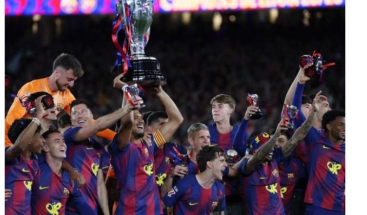 “Barcelona players celebrate winning the 2025–26 La Liga title after defeating Real Madrid 2–0 at Camp Nou”
