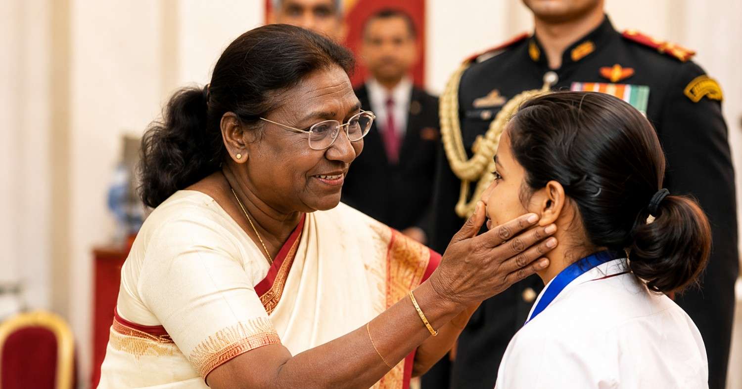 President Droupadi Murmu interacting warmly with citizens during a public event, highlighting compassion, humility, and public service.