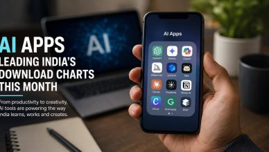 Smartphone displaying popular AI applications as artificial intelligence tools dominate app downloads across India this month.