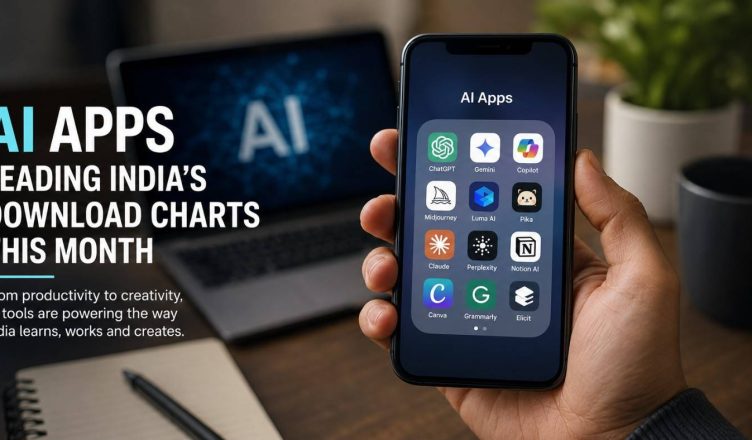 Smartphone displaying popular AI applications as artificial intelligence tools dominate app downloads across India this month.