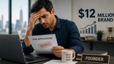 Startup founder reviewing visa documents after reported US visa denial despite building a business valued at approximately $12 million.