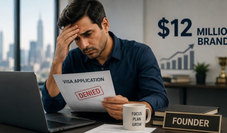 Startup founder reviewing visa documents after reported US visa denial despite building a business valued at approximately $12 million.
