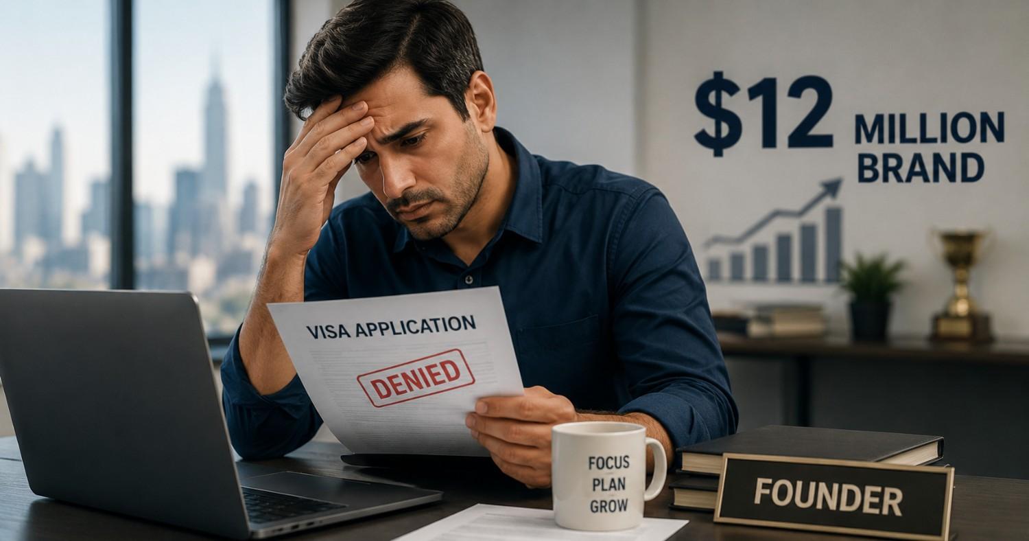 Startup founder reviewing visa documents after reported US visa denial despite building a business valued at approximately $12 million.