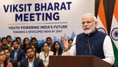 Prime Minister Narendra Modi interacting with young participants during a Viksit Bharat initiative discussion focused on India's future development goals.