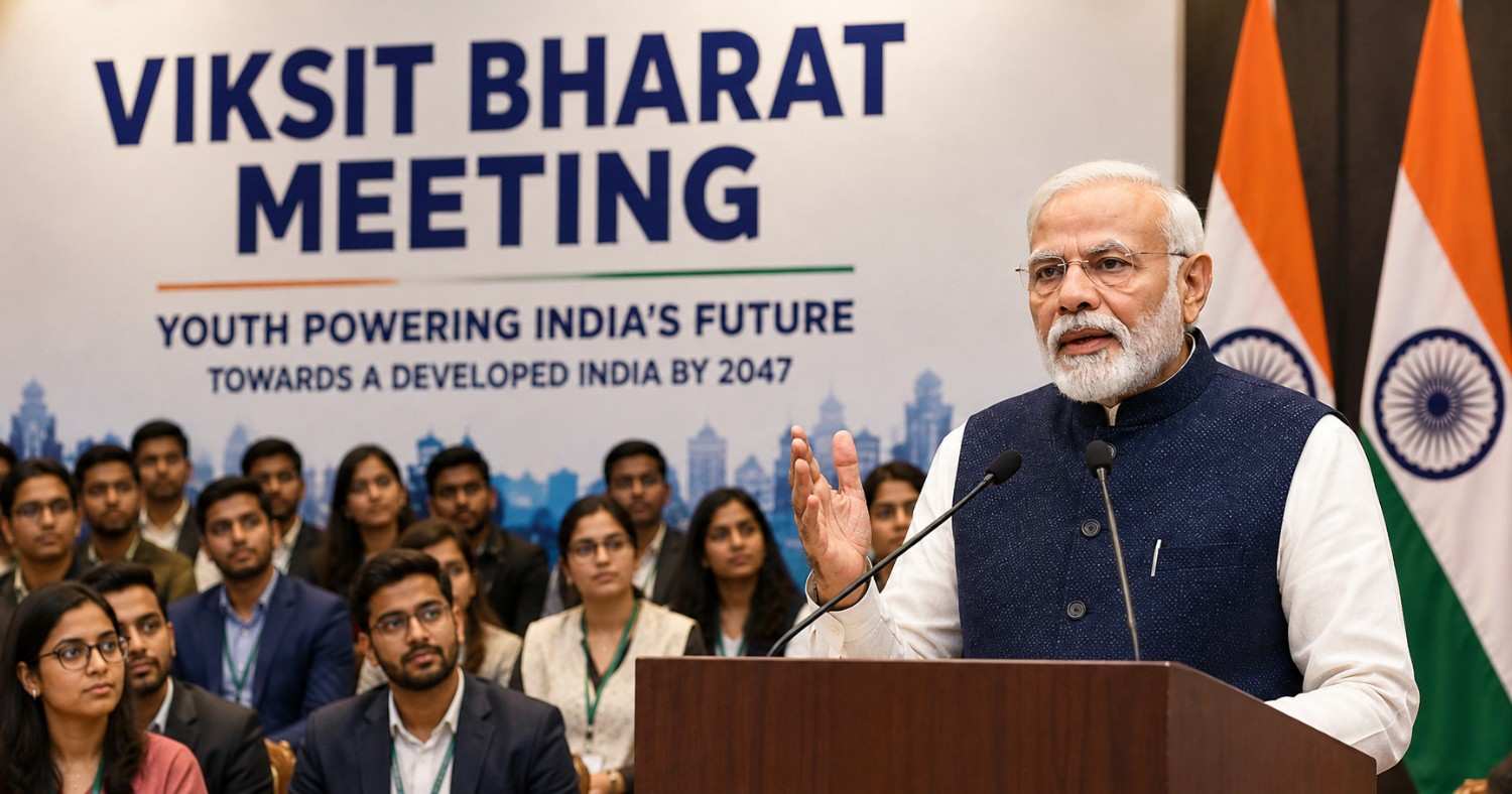 Prime Minister Narendra Modi interacting with young participants during a Viksit Bharat initiative discussion focused on India's future development goals.