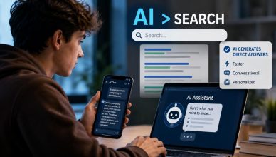 Young Gen Z users interacting with AI chatbot platforms on smartphones and laptops as artificial intelligence increasingly competes with traditional search engines.