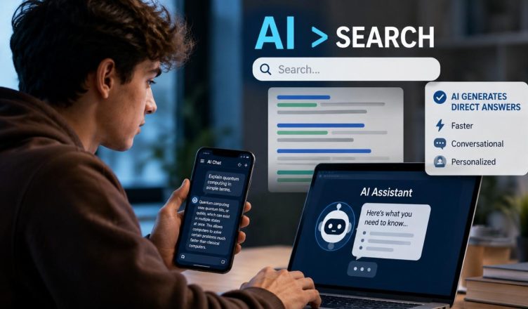 Young Gen Z users interacting with AI chatbot platforms on smartphones and laptops as artificial intelligence increasingly competes with traditional search engines.