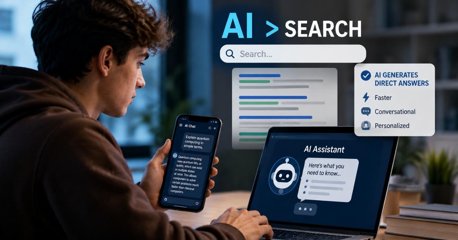Young Gen Z users interacting with AI chatbot platforms on smartphones and laptops as artificial intelligence increasingly competes with traditional search engines.