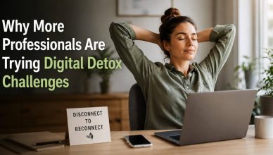 Professionals taking a break from smartphones and laptops during a digital detox challenge to improve focus, productivity, and mental well-being.