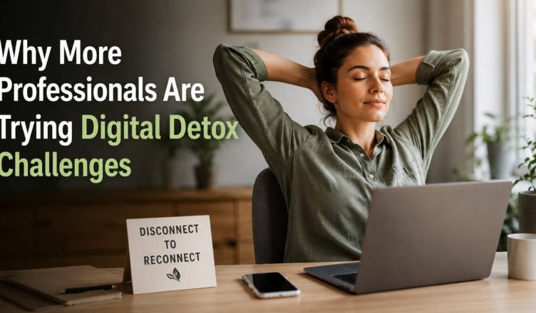 Professionals taking a break from smartphones and laptops during a digital detox challenge to improve focus, productivity, and mental well-being.