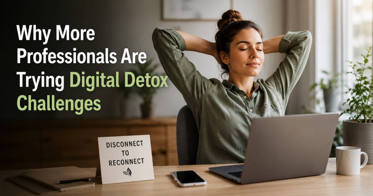 Professionals taking a break from smartphones and laptops during a digital detox challenge to improve focus, productivity, and mental well-being.