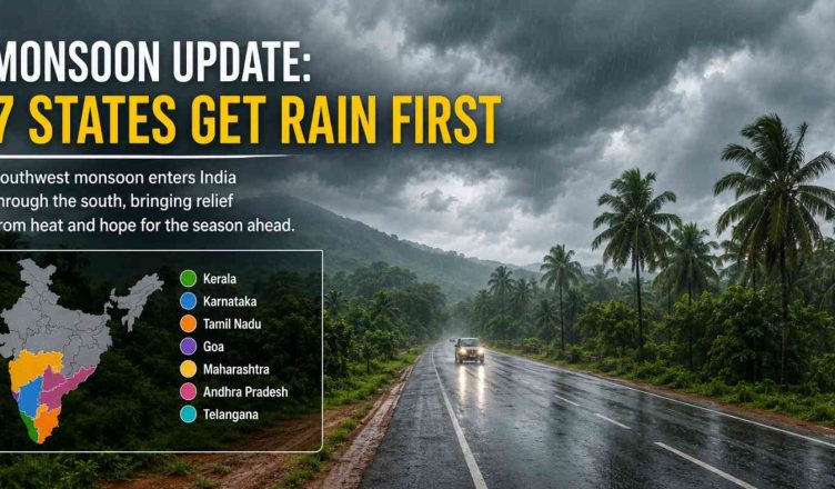 Southwest monsoon clouds bringing heavy rainfall over coastal India as the rainy season advances across multiple states