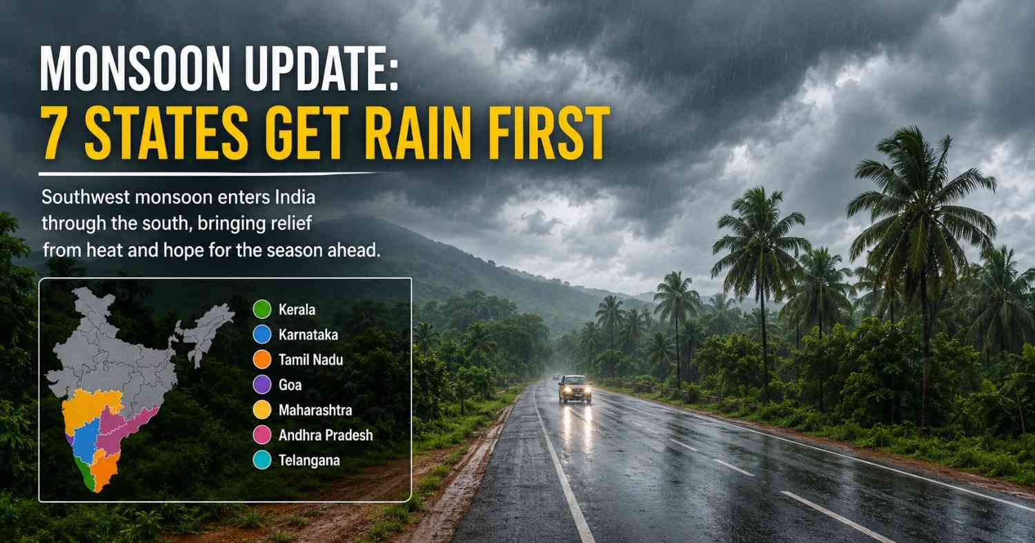 Southwest monsoon clouds bringing heavy rainfall over coastal India as the rainy season advances across multiple states