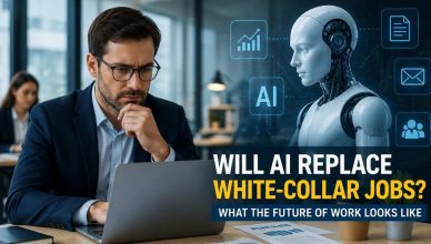 "Artificial intelligence technology interacting with office professionals, illustrating the changing future of white-collar jobs and workplace automation."