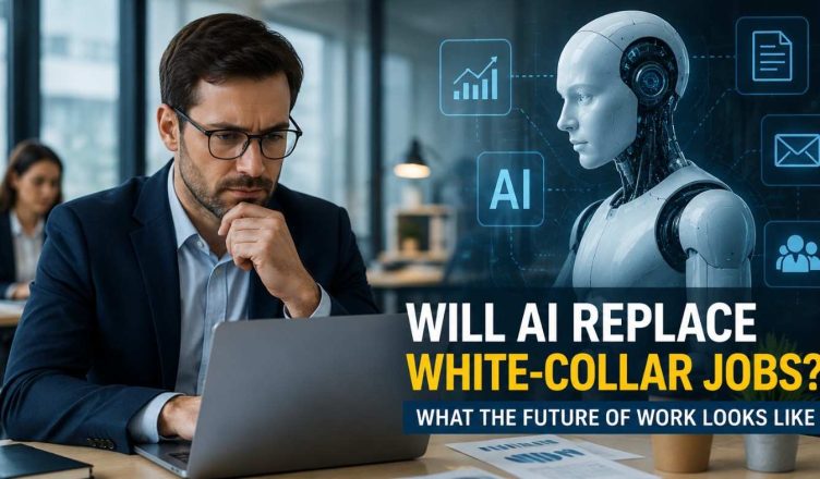 "Artificial intelligence technology interacting with office professionals, illustrating the changing future of white-collar jobs and workplace automation."