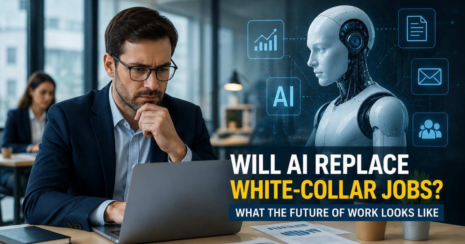 "Artificial intelligence technology interacting with office professionals, illustrating the changing future of white-collar jobs and workplace automation."