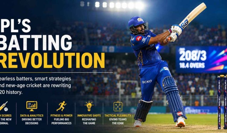 IPL batters showcasing aggressive modern T20 batting during a high-scoring match as fans celebrate the league's batting revolution