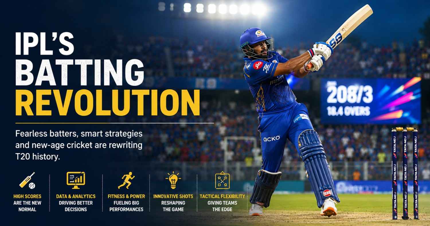 IPL batters showcasing aggressive modern T20 batting during a high-scoring match as fans celebrate the league's batting revolution