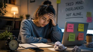 Young adult sitting alone with laptop and smartphone showing signs of stress and burnout in a modern digital lifestyle illustration