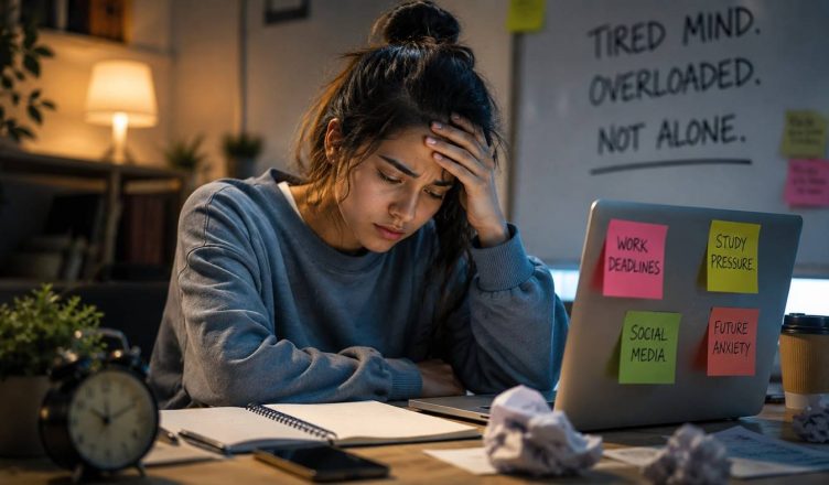 Young adult sitting alone with laptop and smartphone showing signs of stress and burnout in a modern digital lifestyle illustration