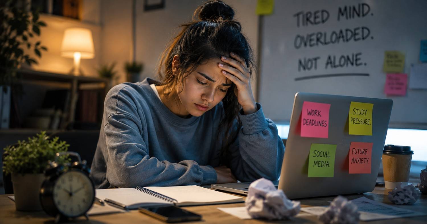 Young adult sitting alone with laptop and smartphone showing signs of stress and burnout in a modern digital lifestyle illustration