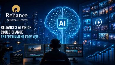 Reliance Industries AI-powered entertainment concept showing digital media, streaming, virtual production, and artificial intelligence transforming the future of content creation in India.