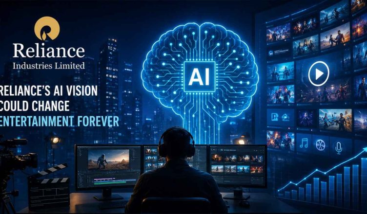 Reliance Industries AI-powered entertainment concept showing digital media, streaming, virtual production, and artificial intelligence transforming the future of content creation in India.
