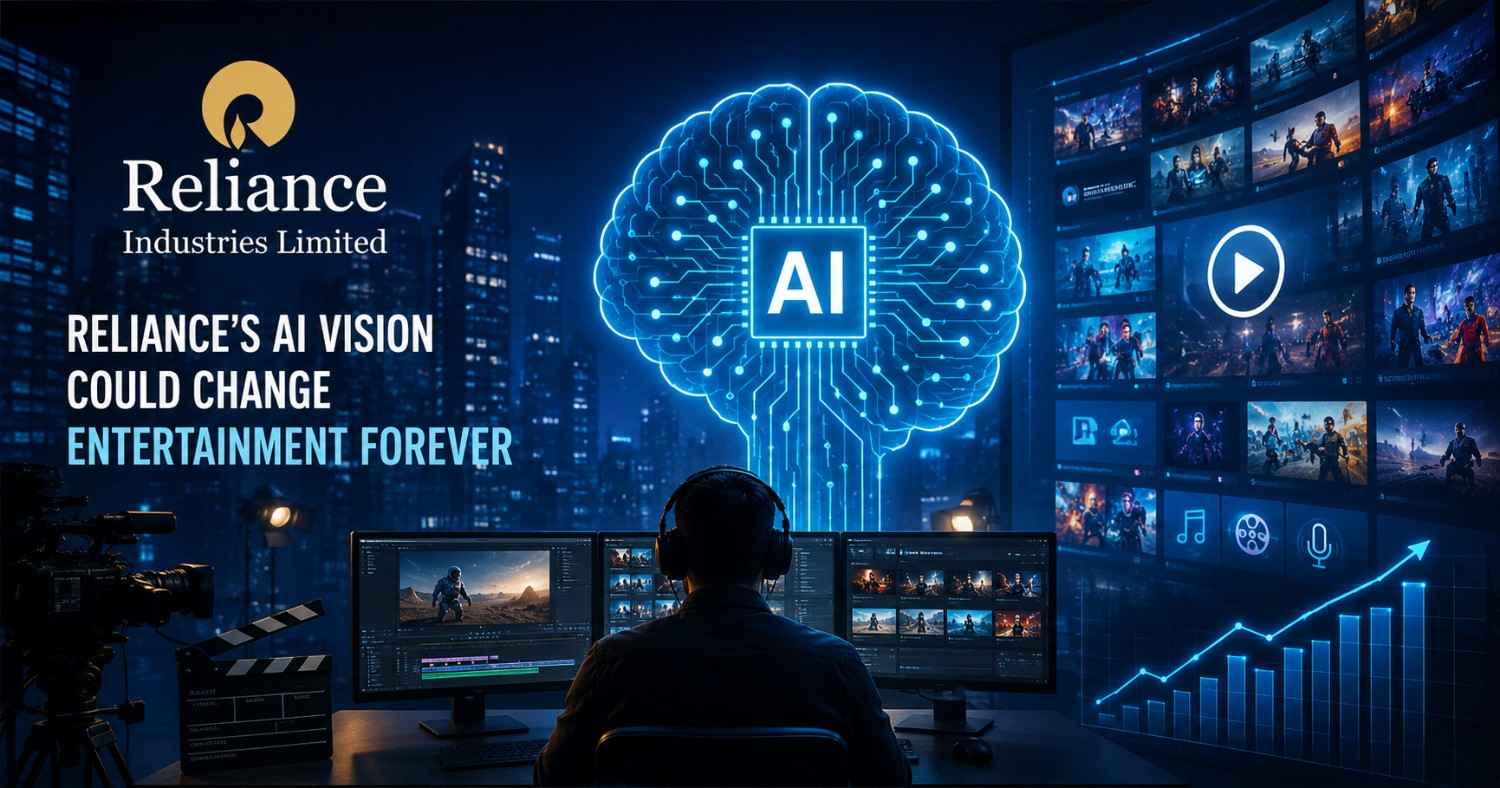 Reliance Industries AI-powered entertainment concept showing digital media, streaming, virtual production, and artificial intelligence transforming the future of content creation in India.