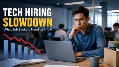 Illustration showing a technology hiring slowdown with job applicants, recruitment symbols, AI technology icons, and employment market trends representing challenges and opportunities for tech job seekers.