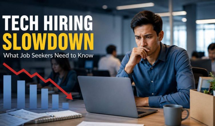 Illustration showing a technology hiring slowdown with job applicants, recruitment symbols, AI technology icons, and employment market trends representing challenges and opportunities for tech job seekers.
