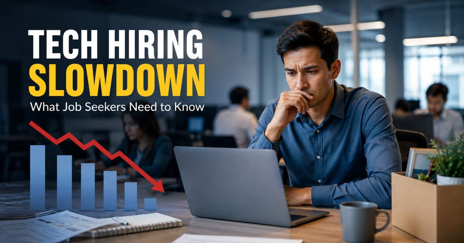 Illustration showing a technology hiring slowdown with job applicants, recruitment symbols, AI technology icons, and employment market trends representing challenges and opportunities for tech job seekers.
