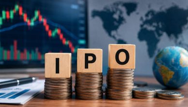 "IPO concept image showing wooden letter blocks on coin stacks against a backdrop of falling market charts and a world map, representing global economic uncertainty affecting public listings."