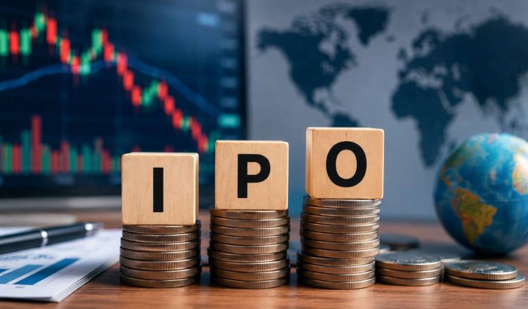 "IPO concept image showing wooden letter blocks on coin stacks against a backdrop of falling market charts and a world map, representing global economic uncertainty affecting public listings."