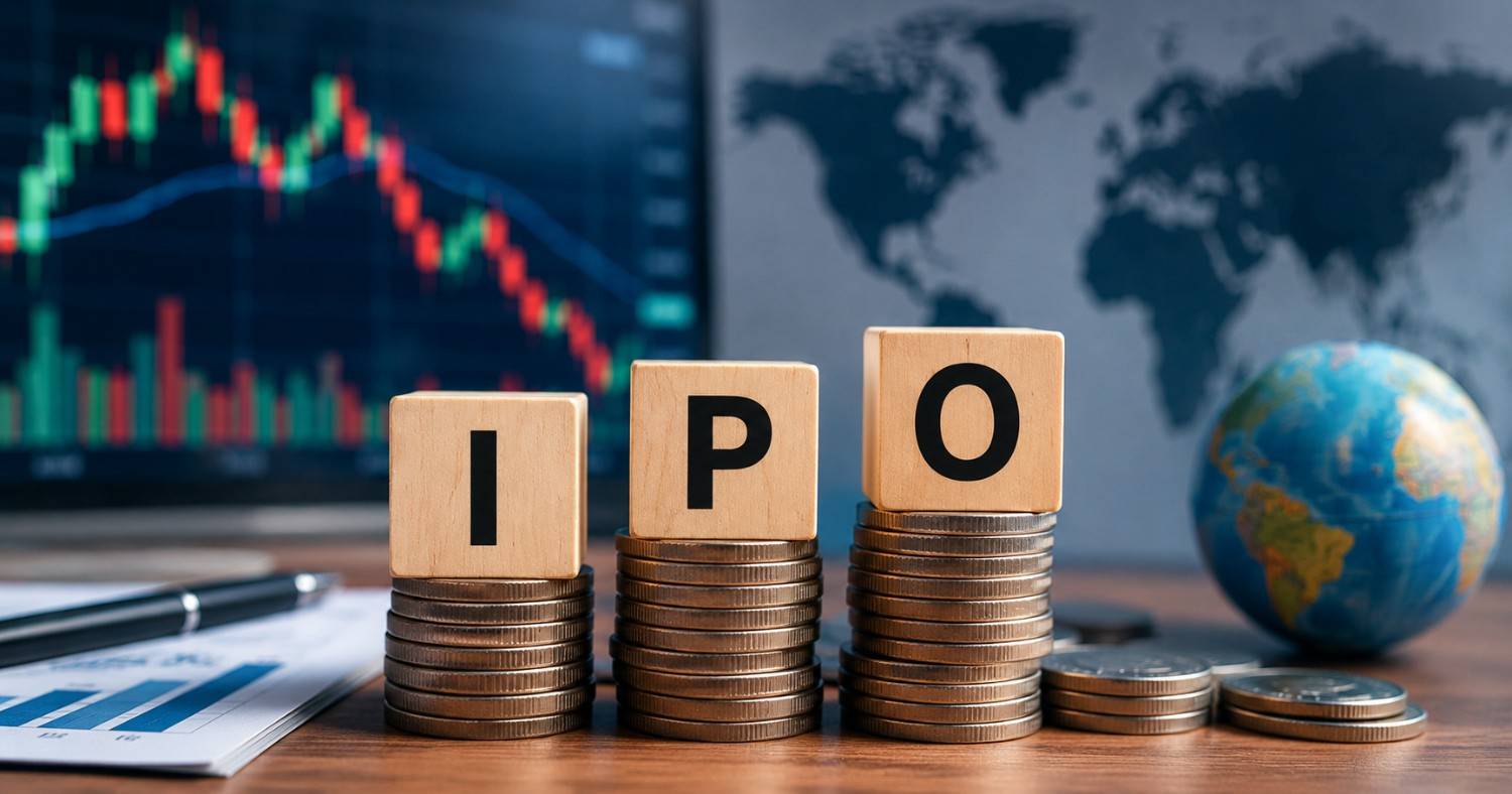 "IPO concept image showing wooden letter blocks on coin stacks against a backdrop of falling market charts and a world map, representing global economic uncertainty affecting public listings."