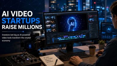 “AI-generated video editing interface displayed on a laptop screen representing the rapid growth of AI video startups and creator economy investments in 2026.”