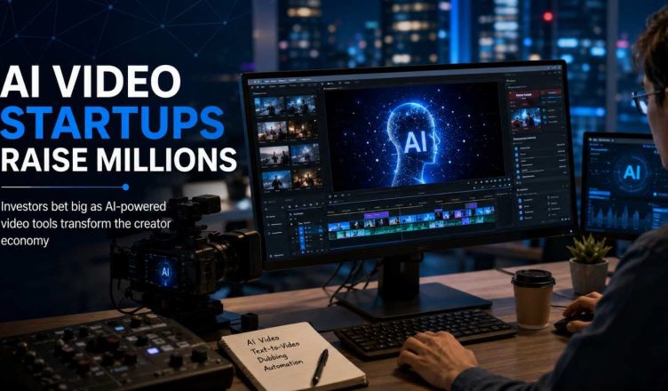“AI-generated video editing interface displayed on a laptop screen representing the rapid growth of AI video startups and creator economy investments in 2026.”
